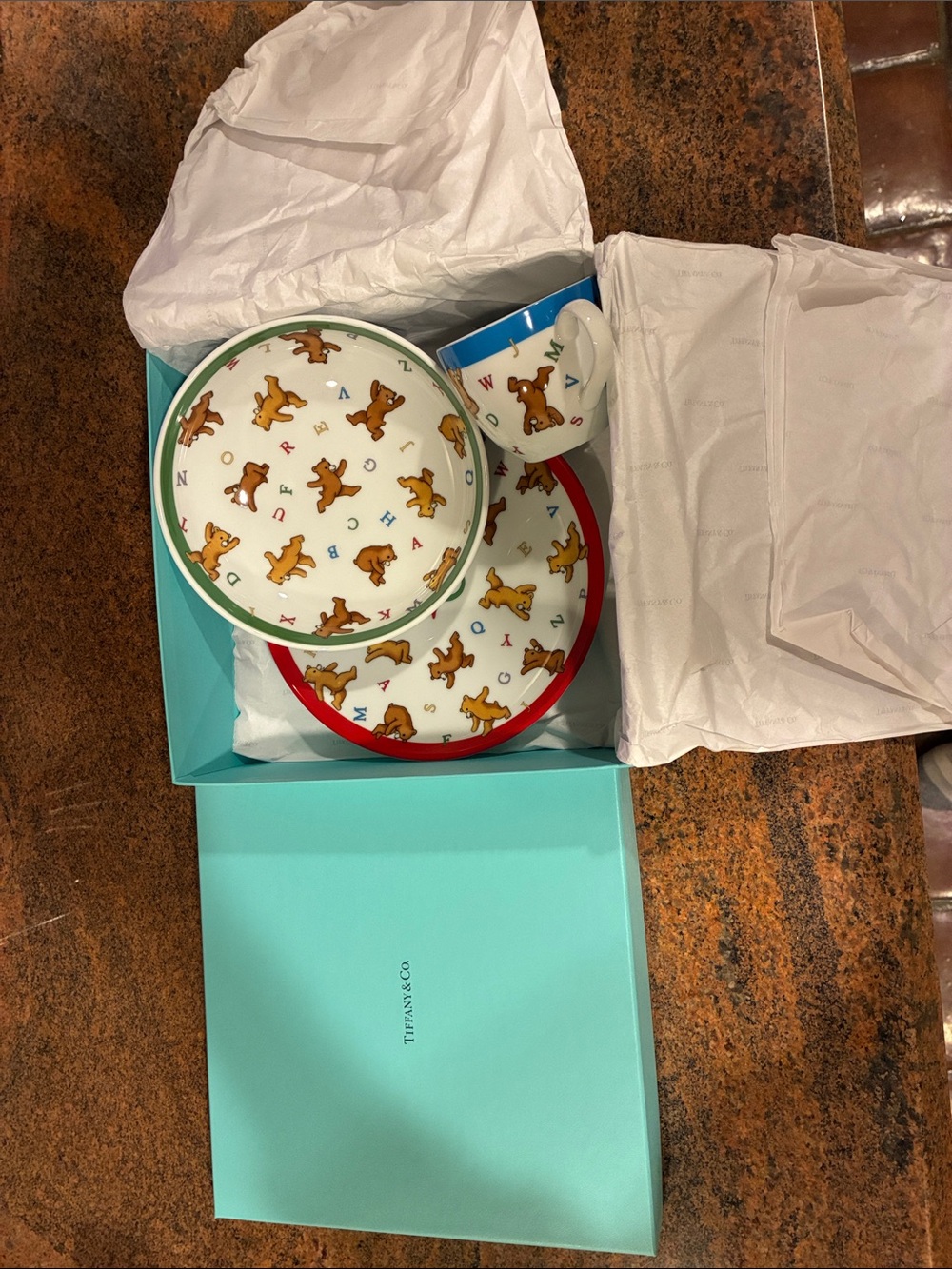 Tiffany & Co. Children's Bear Print Dinnerware Set in White, Red, Blue, Green